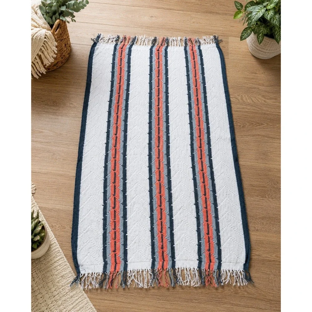 Vtg Handwoven Striped Rag Rug Coral Navy Fringe Cottagecore Farmhouse 65 x 37